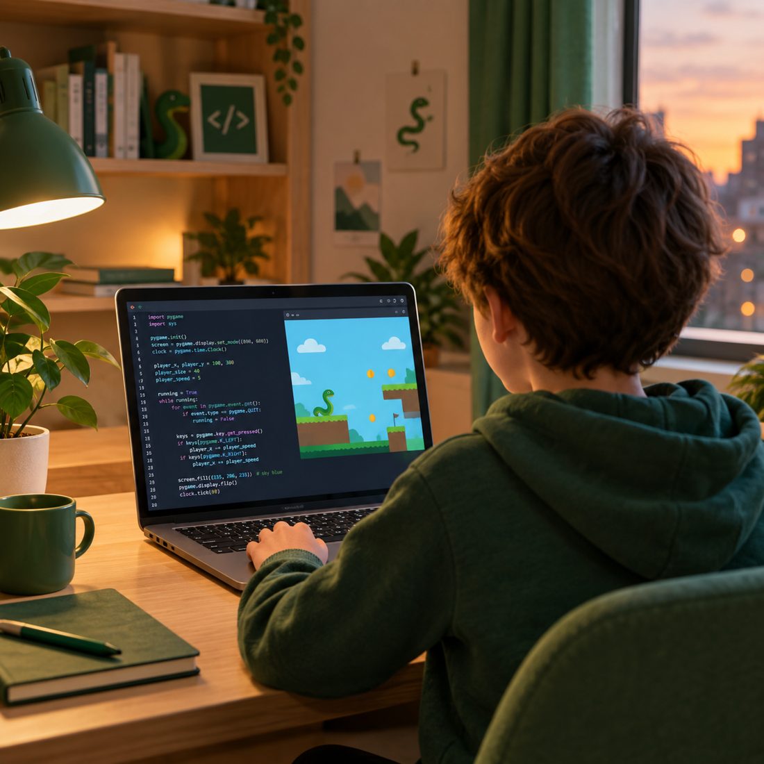 Ученик за ноутбуком с игрой на pygame